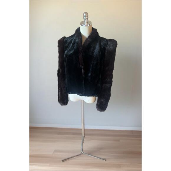 Ultra MCM Glam Rabbit Fur Coat Jacket Black & Brown Sheared Cropped Puff Sleeve - Picture 2 of 16
